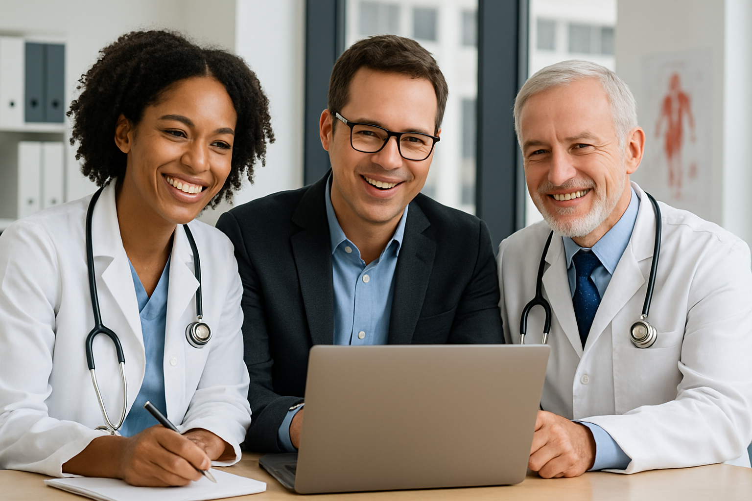 Healthcare Team Collaboration - Medical professionals working together with technology consultant